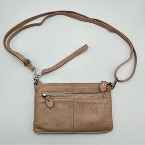 Befen Taupe Leather Crossbody Flat Adj. Detachable Strap Wristlet Pockets Small